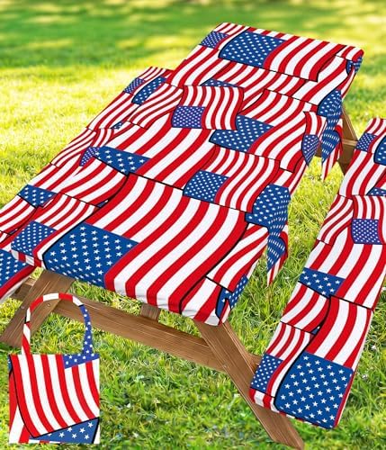 Picnic Table Cover with Bench Covers Waterproof Rectangle Tablecloth Camping Essentials Supplies Rv Travel Must Haves Gear Accessories Fitted Table Cloth Outdoor Road Trip Camper Gifts American Flag by Wrakus