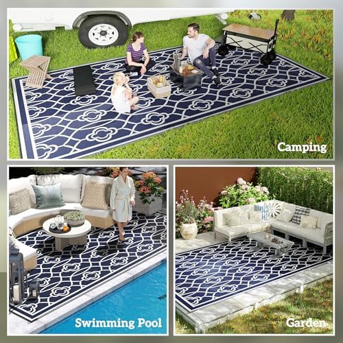 Outsunny Outdoor Rug for Patio Waterproof 9' x 18' Blue & White Lantern - Image 5