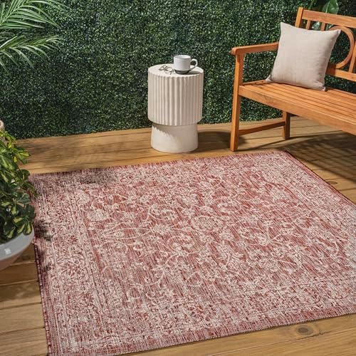 JONATHAN Y Weave Floral Indoor Outdoor Square Area Rug 4X4 Red/Taupe, Tela Bohemian Textured for Backyard, Patio, Porch, Easy-Cleaning, High Traffic, Pet-Friendly, Non-Shedding (SMB100A-4SQ) by JONATHANY