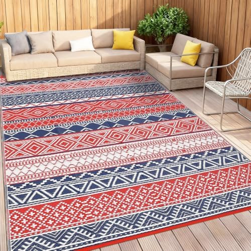 GlowSol Waterproof Outdoor Rug 10x14 Reversible Plastic Straw Patio Camping Rug with Carry Bag, Boho Large Outdoor RV Mat Rugs for Deck,Camper,Porch,Balcony,Backyard,Picnic,Beach,Red/Navy Blue - Image 3