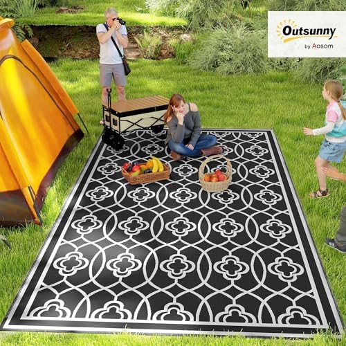 Outsunny Outdoor Rug for Patio Waterproof 9' x 18' Black & White Lantern - Image 3