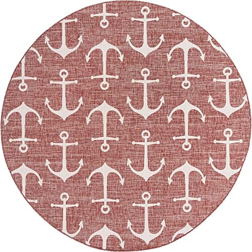 Unique Loom Outdoor Coastal Collection Area Rug - Ahoy (7' 10" Round, Rust Red/ Ivory) - Image 3