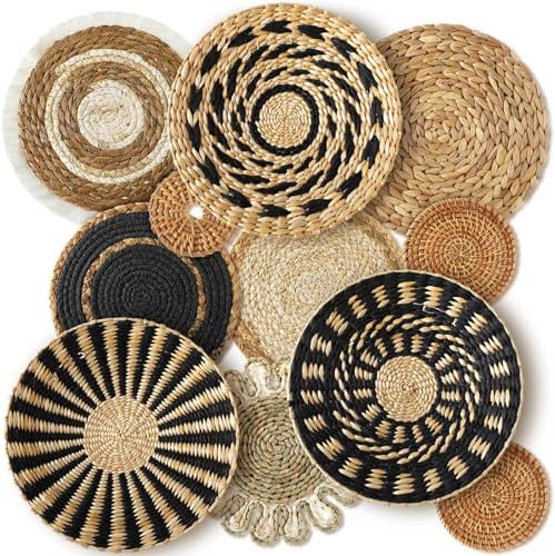 11 Pcs Boho Hanging Wall Basket Decor Handmade Woven Basket Wall Decorative Boho Wicker Baskets Placemats Round Farmhouse Bulrush Art for Rustic Home Decorations Christmas Gift(Assorted) by Xuhal