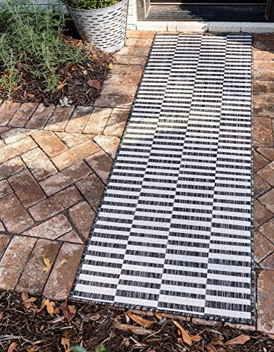Unique Loom Outdoor Striped Collection Area Rug - Striped (2' x 6' 1" Runner, Charcoal/Ivory) by UniqueLoom