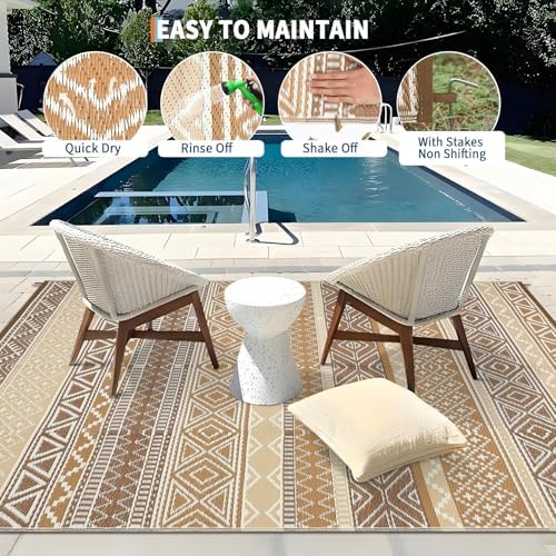 Boho 8x10 Plastic Straw Rug Reversible Mat Outdoor Bohemia Area Rug Waterproof Patio Rugs Outdoor Camping Rugs for RV Porch Deck Camper Balcony Backyard Easy Clean Picnic Mat, Brown Tan - Image 6