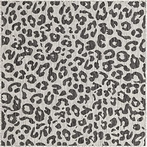 Unique Loom Outdoor Safari Collection Area Rug - Leopard (5' 3" Square, Light Gray/ Gray) - Image 2