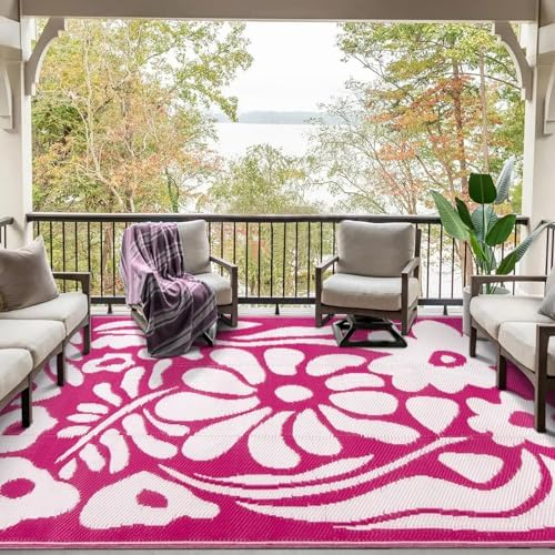 Wonnitar Outdoor Rugs 8x10,Plastic Outdoor Waterproof Patio Rugs Clearance,Reversible Large Outside RV Camping Mat,Portable Abstract Plant Lightweight Carpet for Backyard Deck Park (Pink, 8'x10') - Image 7
