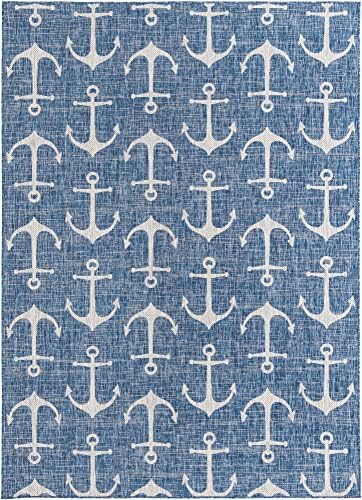 Unique Loom Outdoor Coastal Collection Area Rug - Ahoy (7' 10" x 11' Rectangle, Blue/ Ivory) - Image 3