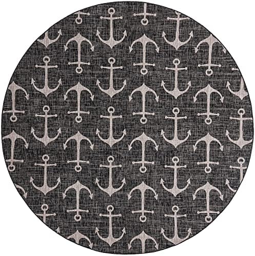 Unique Loom Outdoor Coastal Collection Area Rug - Ahoy (10'Round, Charcoal/ Ivory) - Image 3