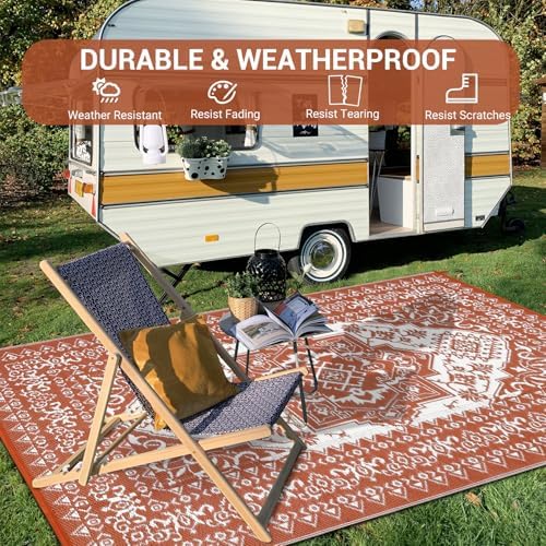 COZYLOOM Outdoor Rug Waterproof 8x10 Reversible Outdoor Plastic Straw Rug Oriental Medallion Patio Rugs Indoor Outdoor Carpet RV Mat for Deck Backyard Patio RV Camping Beach,Vintage Terracotta - Image 5