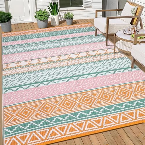 GlowSol Waterproof Outdoor Rug 9x12 Reversible Plastic Straw Patio Camping Rug with Carry Bag, Boho Large Outdoor RV Mat Rugs for Deck,Camper,Porch,Balcony,Backyard,Picnic,Beach,Orange/Pink/Green by GLOWSOL