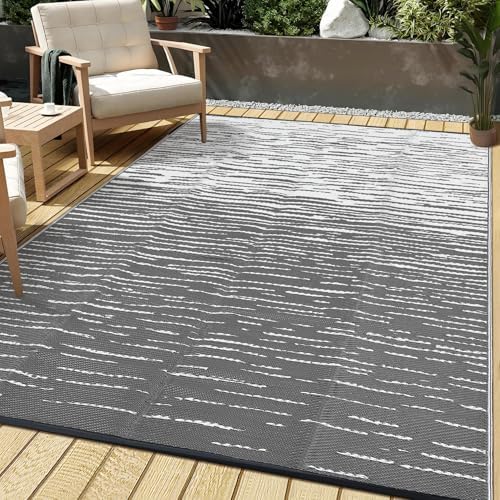 Outdoor Rug 8x10 Waterproof Patio Rugs Abstarct Line Reversible Mat for Front Door Rv Foldable Plastic Straw Carpet for Travel Trailers, Deck, Picnic, Porch, Camper, Balcony, Beach，Grey - Image 2