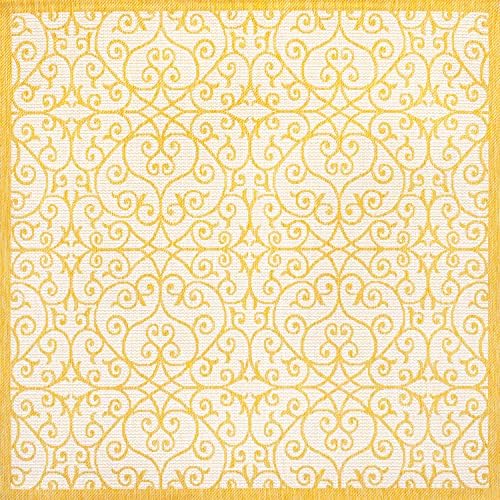 Eyely Filigree Weave Square Rug 5X5 Cream/Yellow, Indoor Outdoor Rug - Image 3