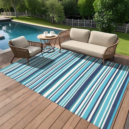 GAOMON 9x18 Outdoor Rug Waterproof for Patio Plastic Straw Large Rug Geometric Stripe Indoor Outdoor Area Rug Modern Lines Camping Rugs for Trailer Beach, Dark Blue/Bright Blue/Light Blue/White by GAOMON