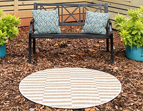 Unique Loom Outdoor Striped Collection Area Rug - Striped (4' 1" Round, Taupe/Ivory) - Image 4