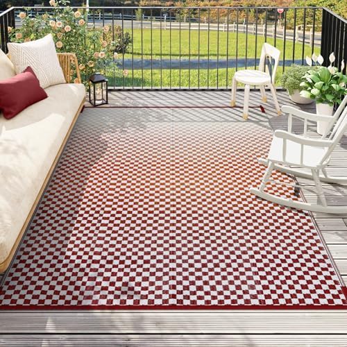 Wonnitar Waterproof 8x10 Outdoor Rug - Orange Red Ombre Checkered Patio Rug, Large Reversible Outside Mat for RV Deck Balcony, Lightweight Colorful Outdoor Camping Carpet by Wonnitar