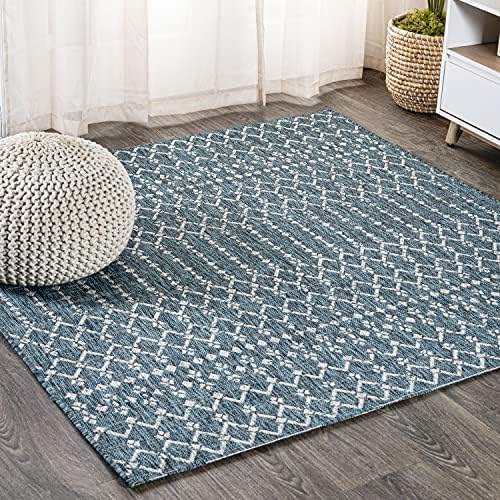 Eyely Moroccan Textured Weave Square Rug 5X5 Teal/Gray, Indoor Outdoor Rug by eyely