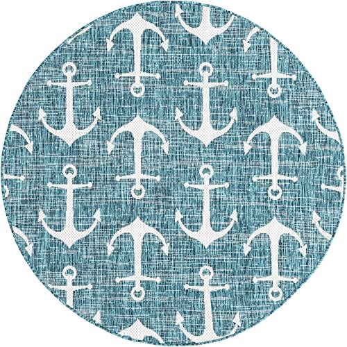 Unique Loom Outdoor Coastal Collection Area Rug - Ahoy (5' 3" Round, Teal/ Ivory) - Image 3