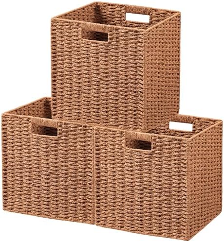 UBBCARE 3 Pack Wicker Basket, 11L×11H×10.5W inch Woven Paper Rope Storage Baskets for Shelves, Foldable Cube Storage bin with Handle, Storage Basket for Organizing & Decor,Caramel by UBBCARE