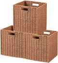 UBBCARE 3 Pack Wicker Basket, 11L×11H×10.5W inch Woven Paper Rope Storage Baskets for Shelves, Foldable Cube Storage bin with Handle, Storage Basket for Organizing & Decor,Caramel by UBBCARE