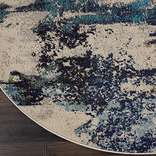 Nourison Home Celestial Ivory Teal Blue 5'3" x Round Area Rug - Easy Clean, Non Shedding, Bed Room, Living Room, Dining Room, Kitchen (5' x Round) - Image 6
