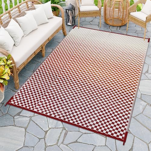 Wonnitar Waterproof Outdoor Rug 6x9 - Orange Red Gradient Checkered Camping RV Rug, Outside Patio Plastic Straw Mat for Balcony, Lightweight Reversible Portable Deck Carpet by Wonnitar