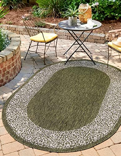 Unique Loom Outdoor Border Collection Area Rug - Floral Border (5' 3" x 8' Oval, Green/ Ivory) by UniqueLoom