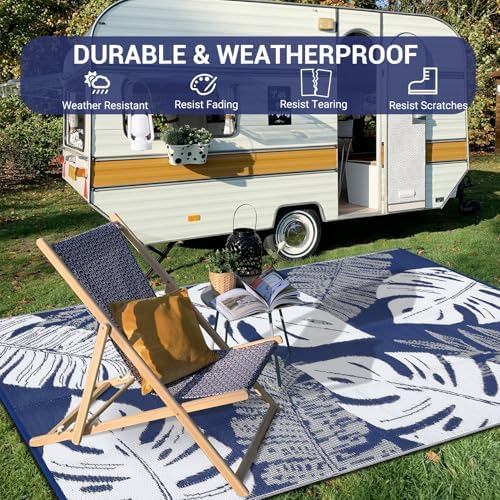GlowSol Waterproof 9x18 Outdoor Rug for Patio Reversible Plastic Straw Rug Floral Camping Carpet with Carry Bag, Stain & UV Resistant Portable RV Carpet for Camper Deck Balcony Porch Beach Picnic,Navy - Image 7