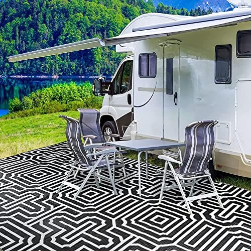 9' x 12' Plastic Straw Rug, Outdoor Patio Rug, RV Large Floor Mat for Outdoors, RV, Patio, Backyard, Deck, Picnic, Beach, Trailer, Camping, (Black&White | Parquet) - Image 3