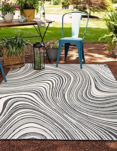 Unique Loom Outdoor Modern Collection Area Rug - Pool (5' 3" x 8' Rectangle, Charcoal Ivory/ Gray) - Image 4