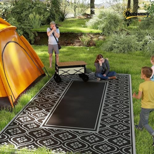 Outsunny Outdoor Rug for Patio Waterproof 9' x 18' Black & Gray Gourd - Image 3