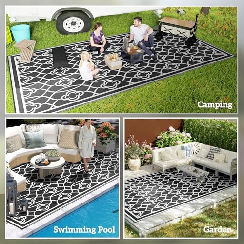 Outsunny Outdoor Rug for Patio Waterproof 9' x 18' Black & White Lantern - Image 5