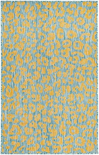 Unique Loom Outdoor Safari Collection Area Rug - Leopard (3' x 5' 1" Rectangle, Blue Yellow/ Blue) - Image 3
