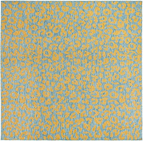 Unique Loom Outdoor Safari Collection Area Rug - Leopard (10' Square, Blue Yellow/ Blue) - Image 3