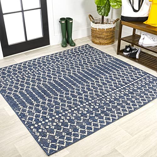 Eyely Moroccan Textured Weave Square Rug 3X3 Navy/Beige, Indoor Outdoor Rug by eyely
