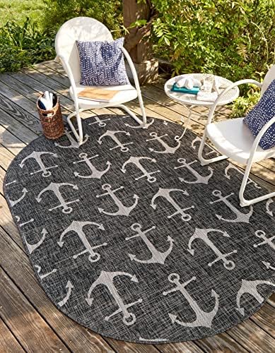 Unique Loom Outdoor Coastal Collection Area Rug - Ahoy (7' 10" x 10' Oval, Charcoal/ Ivory) - Image 4