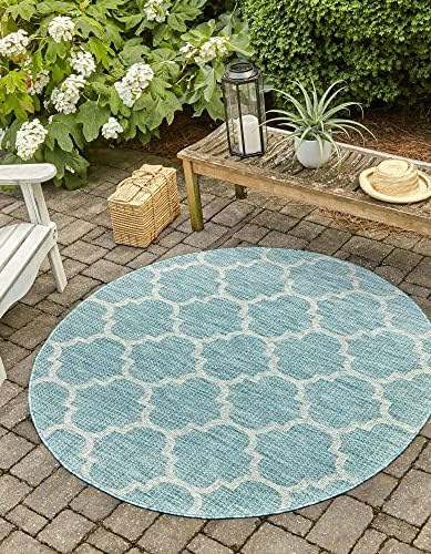Unique Loom Outdoor Trellis Collection Area Rug - Trellis (Round 4' 0" x 4' 0", Aquamarine/ Gray) by UniqueLoom