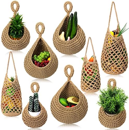 9 Pcs Jute Fruit Hanging Baskets for Kitchen, Boho Woven Wall Baskets, Produce Storage for Garlic Onion Potato Banana, Space Saving Farmhouse Kitchen Decor (Brown)(Brown) by Woanger