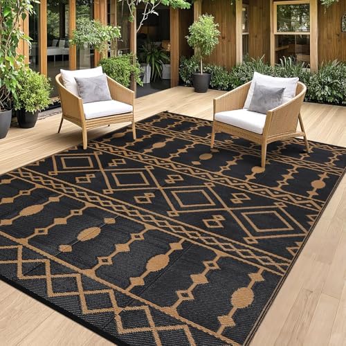 Acekool Outdoor Rug, 9x12 FT Reversible Plastic Straw Patio Camping Rugs, Waterproof Large Floor Mat and Rug for Outdoors, Outside Carpet for Rv, Deck, Camper, Picnic, Black & Brown by Acekool