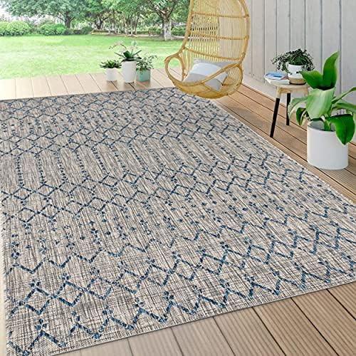 Eyely Moroccan Woven Area Rug 4X6 Light Gray/Navy, Indoor Outdoor Rug by eyely