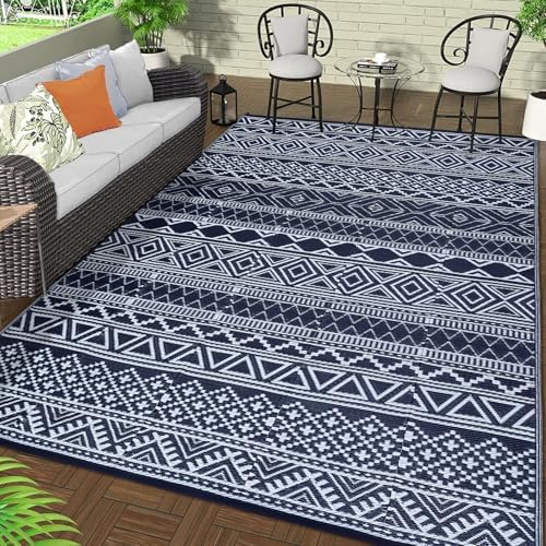 GAOMON Outdoor Rug Waterproof 8'x10', Reversible Outdoor Plastic Straw Rug, Boho Patio Rug, Indoor Outdoor Carpet, RV Mat Outside for Patio, Camp, Picnic, Balcony, Deck, Dark Blue/White(Bohemia) - Image 2