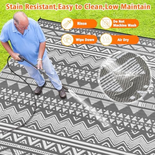 Large Rv Outdoor Rugs for Camping Outdoor Rug 10x14 Patio Waterproof 10x14 Plastic Patio Rug for Outside, Reversible Grey and White Boho Stripe Woven Mat for Deck, Porch, Camping, Balcony, RV, Yard - Image 5