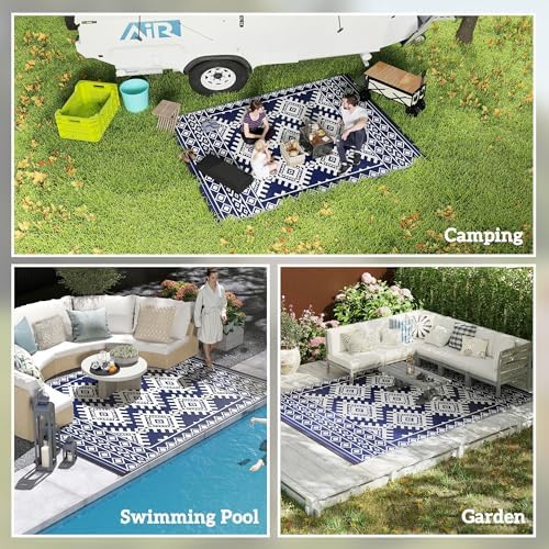 Outsunny Outdoor Rug for Patio Waterproof 9' x 12' Blue & White Rhombus - Image 5