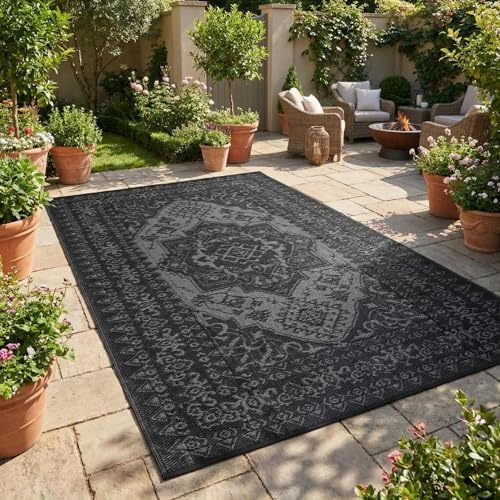 Outdoor Rug 9x12 Reversible Patio Rug Outdoor Plastic Straw Rugs Vintage Medallion Waterproof Outside Carpet for Deck RV Camping Rugs for Patio Backyard Picnic Porch Beach Balcony, Black Grey by Unknown