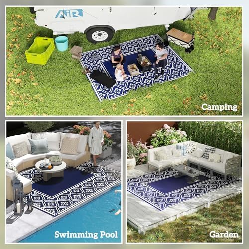 Outsunny Outdoor Rug for Patio Waterproof 9' x 12' Blue & White Gourd - Image 5