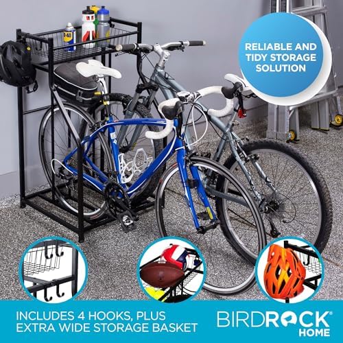 BIRDROCK HOME Bike Rack Garage Storage Floor Stand - Freestanding Organizer for Outdoor Yard - Upright Wall Mount for Scooters, Rakes, Motorcycles, Hoverboards, Gloves - Holds 2 Bicycle - Black - Image 4