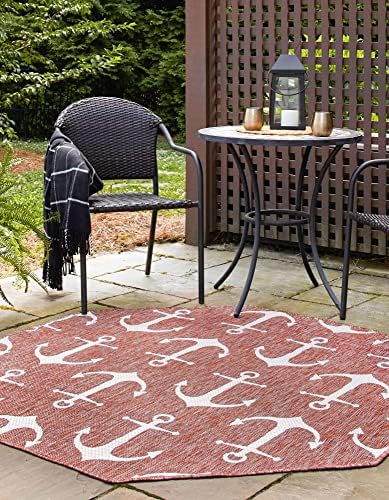 Unique Loom Outdoor Coastal Collection Area Rug - Ahoy (7' 10" Octagon, Rust Red/ Ivory) - Image 4