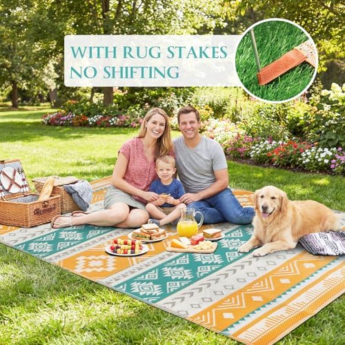 famibay Outdoor Rug Reversible Portable Plastic Straw Camping Rugs, Large Waterproof Outdoor Area Rugs for Patio, RV, Backyard, Deck, Balcony, Picnic, Beach 8x10 Yellow - Image 5