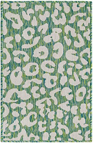 Unique Loom Outdoor Safari Collection Area Rug - Leopard (2' 2" x 3' 1" Rectangle, Green Blue/Ivory) - Image 3