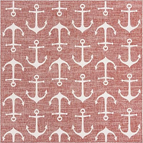 Unique Loom Outdoor Coastal Collection Area Rug - Ahoy (7' 10" Square, Rust Red/ Ivory) - Image 3